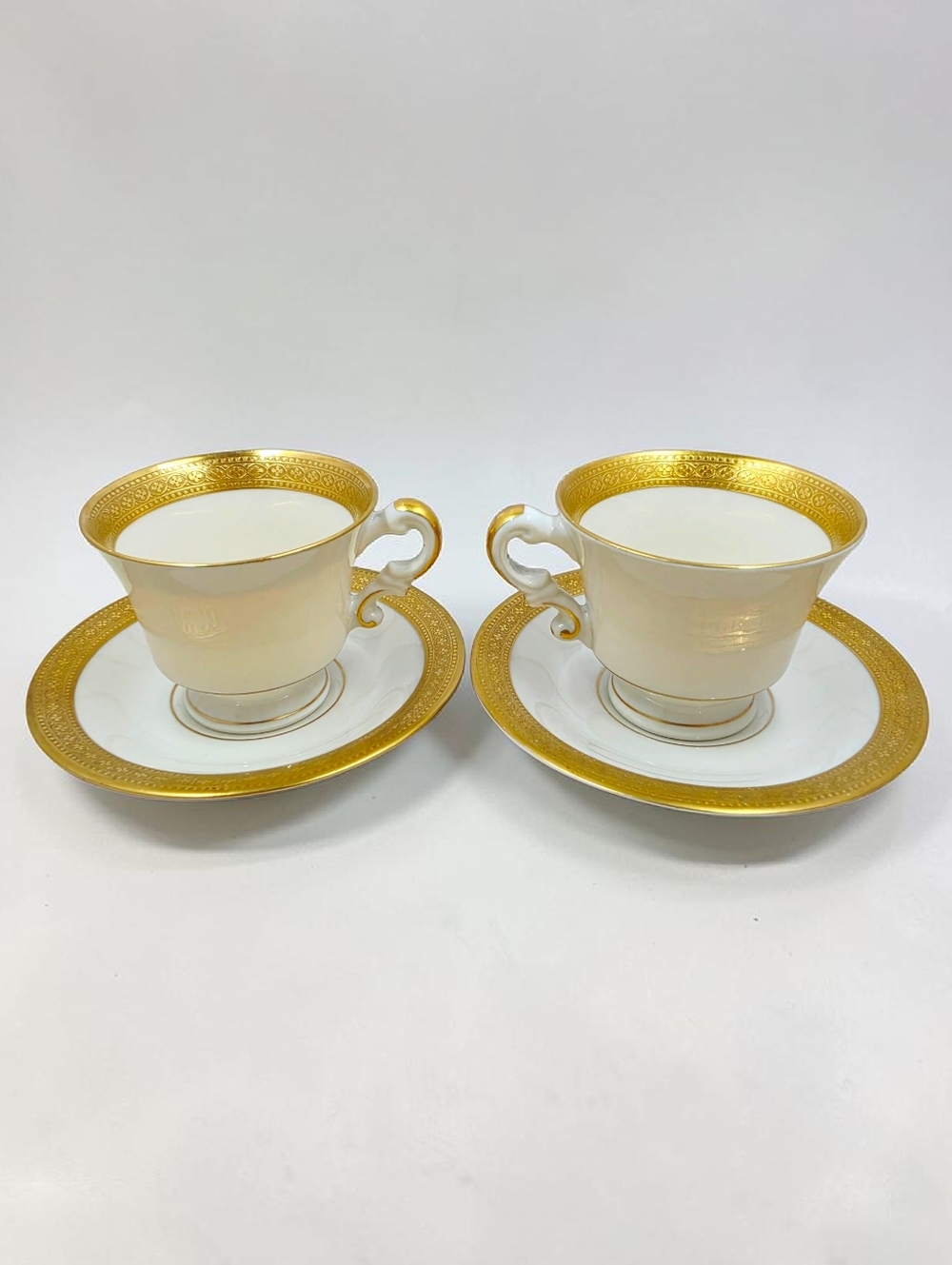 Sryacuse China Old Ivory Bracelet Pattern Footed Demitasse Cup & Saucer Set Of 2